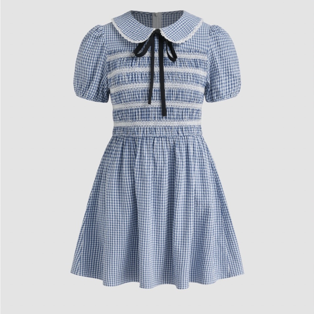 Cider Peter Pan Collar Blue Gingham Mini summer Dress with Ribbon Sz 4